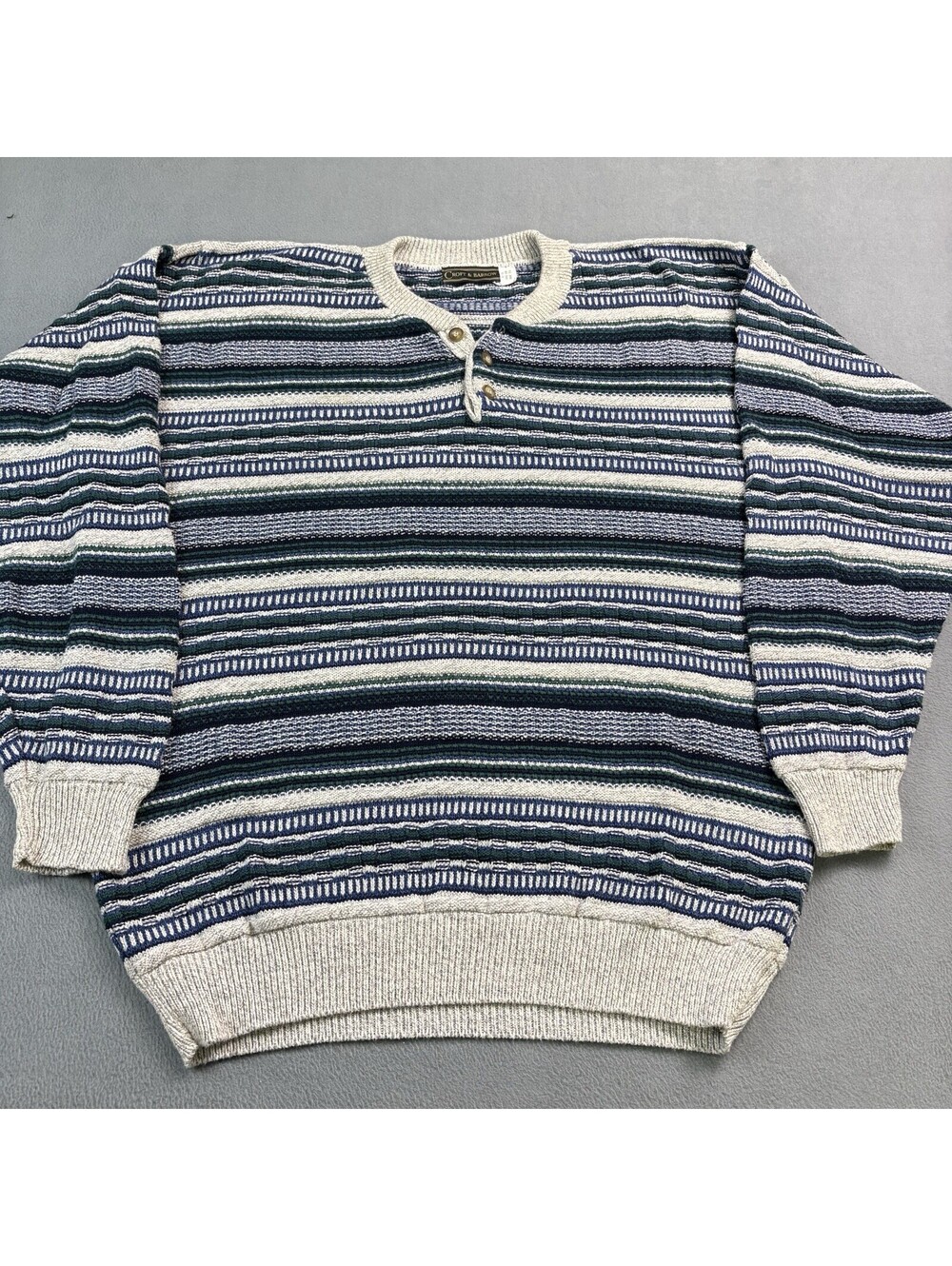 Vintage 90s Croft & Barrow Stripped Patterned Henley Sweater Size XL Tall